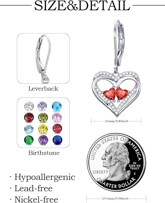 Valentines Day Gifts for Women, Heart Leverback Earrings Double Birthstone Dangle Earrings for Women, Love Jewelry for Her, Anniversary Birthday Gift for Mom Wife Girlfriend