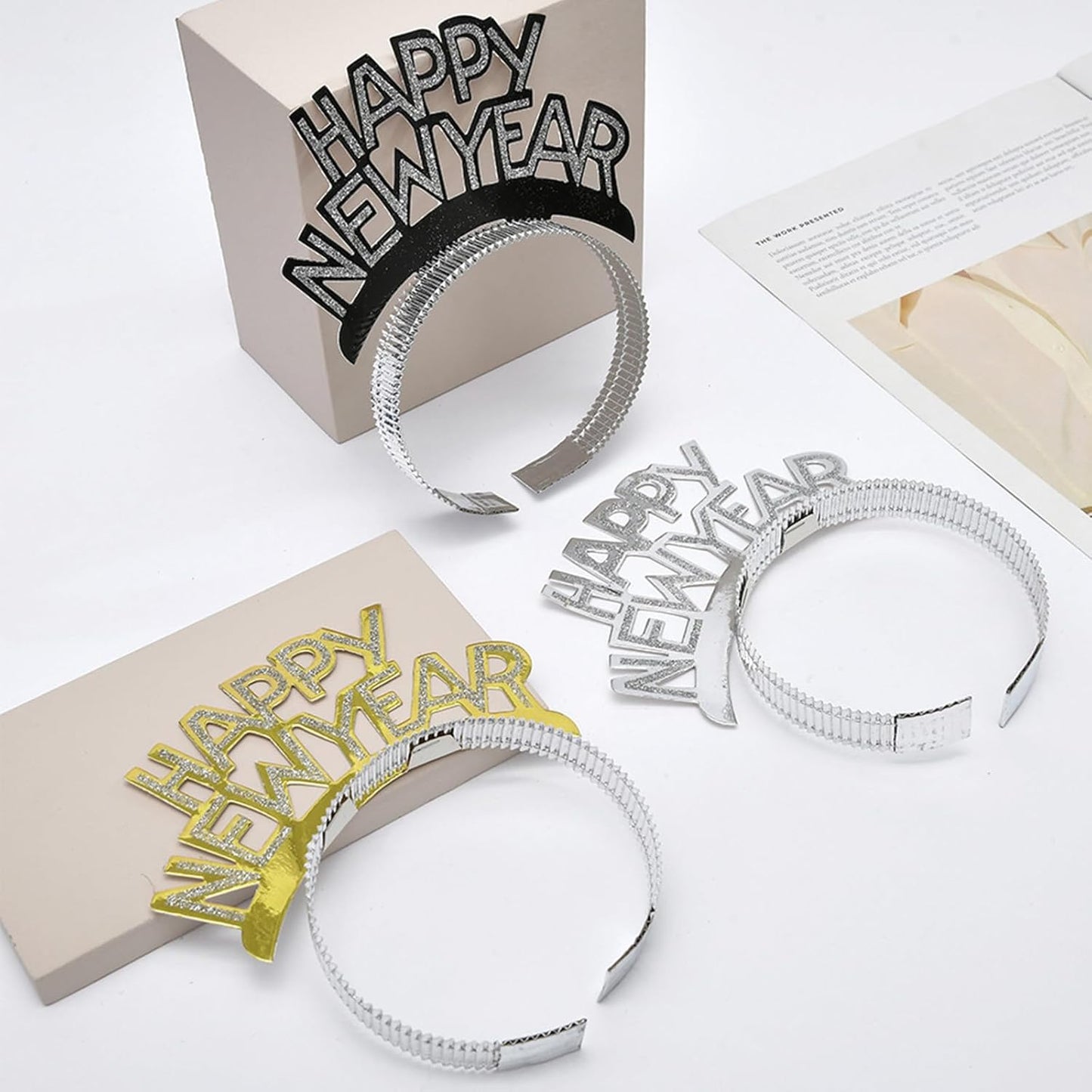24 Pieces New Years Eve Party Supplies 2026,Happy New Year Headband Tiara,Metallic Fringed Noise Makers Gold Sliver for Kids and Adults