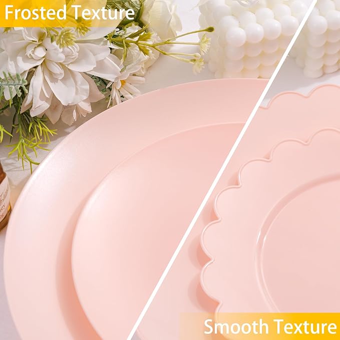 EI 150pcs Pink Plastic Plates Pink Disposable Heavy Duty Plastic Plates for Party Dinnerware Set Pink Plastic Silverware for Party Wedding Afternoon Tea,Spring,Mother's Day,Valentine's Day,Easter