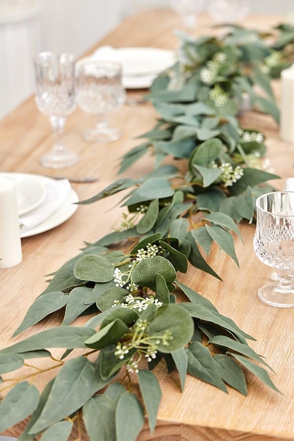 6FT Greenery Eucalyptus Garland, Spring Eucalyptus for Home Decor Wedding Garland for Table Centerpieces & Wedding Arch Floral Arrangements 6FT Real Touch Silk Stems