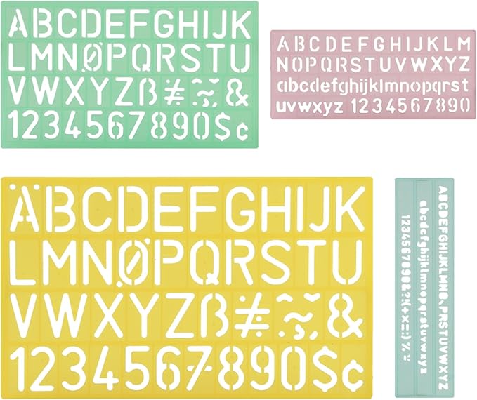 Alphabet Stencils Set of 4, Plastic Letter & Number Stencils 4 Sizes, Ruler Guide Lines for Learning, Painting, Scrapbooking DIY, 4 Colours