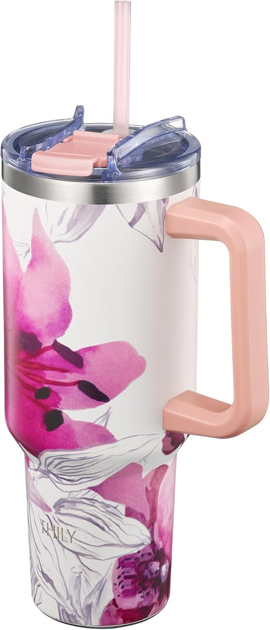 THILY 40 oz Stainless Steel Tumbler with Handle - Vacuum Insulated Travel Cup, Splash-Proof & Leakproof Lid, 2 Straws & Brush | Keeps Cold 34H/Hot 12H, Cupholder Friendly, Lotus Flower