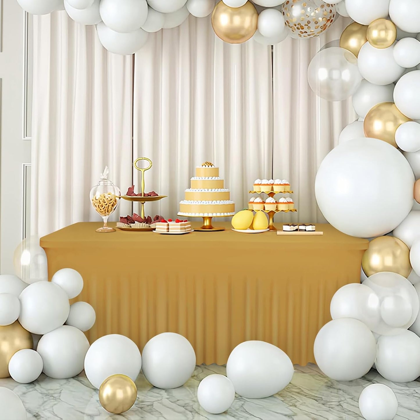Table Skirts for 8ft Rectangle Tables - 1PCS Champagne Table Covers for 8 Foot Tables, Wrinkle Resistant Ruffles Elastic Table Cloths and Table Skirt for Banquets/Weddings/Parties/Birthday