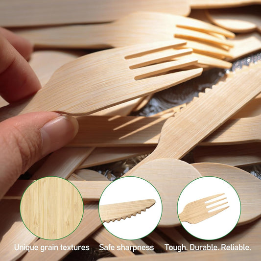 Disposable Bamboo Cutlery (140forks 70spoons 70 knives) Reusable 100% Compostable Biodegradable Sustainable flatware Wooden Plastic Alternatives Durable utensils Parties Picnics Weddings