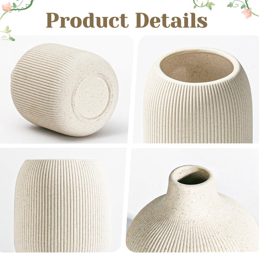Modern Beige Ceramic Vase Set of 3, Ribbed Texture Boho Minimalist Home Decor, Small Decorative Vases for Centerpiece, Shelf, Tabletop - Aesthetic Touch for Neutral & Transitional Spaces