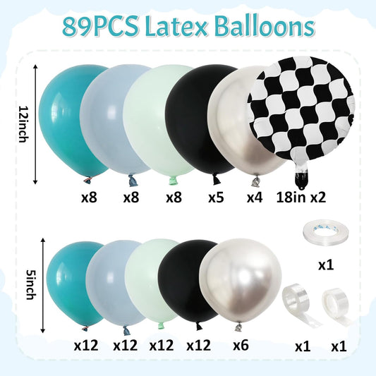 Race Car Balloons Garland Arch Kit, Dusty Blue Balloons Green Black Balloon Pale Blue Metallic Silver Balloon Arch Kit with Checkered Foil Balloon for Car Fast Birthday Baby Shower Party Decorations