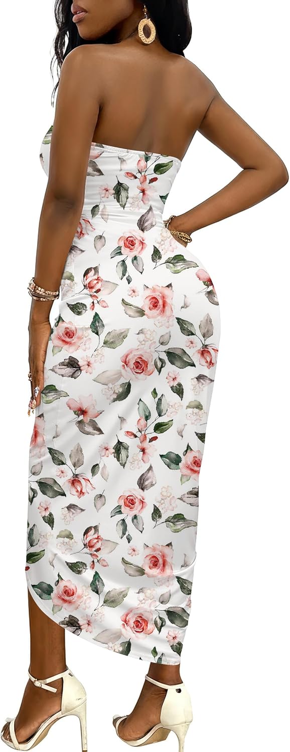 Umenlele Women's Strapless Ruched High Waist Wrap Split Asymmetrical Beach Maxi Long Dress