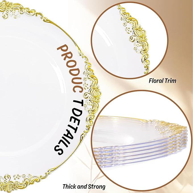 6pcs Clear and Gold Charger Plates,13inch Elegant Plastic Gold Chargers with Floral Trim,Table decoration,Charger Serving Plates for Wedding,Afternoon Tea,Spring,Mother's/Valentine's Day