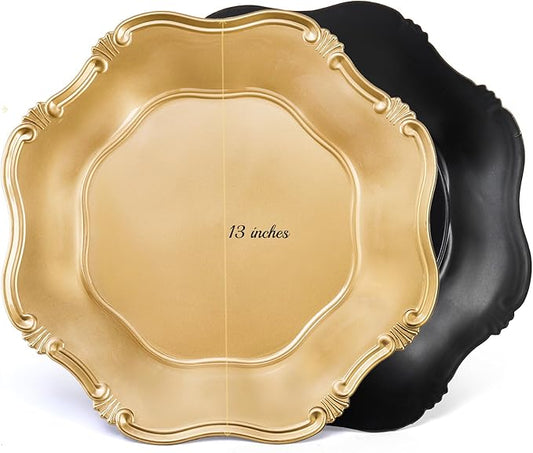 ZOOFOX Set of 12 Antique Gold Charger Plates, 13" Round Embossed Chargers for Dinner Plates, Decorative Plate Chargers with Engraved Baroque Rim for Thanksgiving, Christmas, Wedding Party Supplies