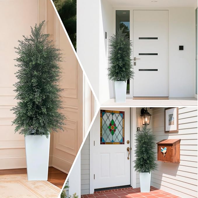 5FT Artificial Topiary Tree with Tall White Planter Beautiful Realistic Faux Cedar Pines Christmas Trees UV Rated Fake Shrubs for Front Porch Faux Plants Indoor and Outdoor Decor (1 Pack)