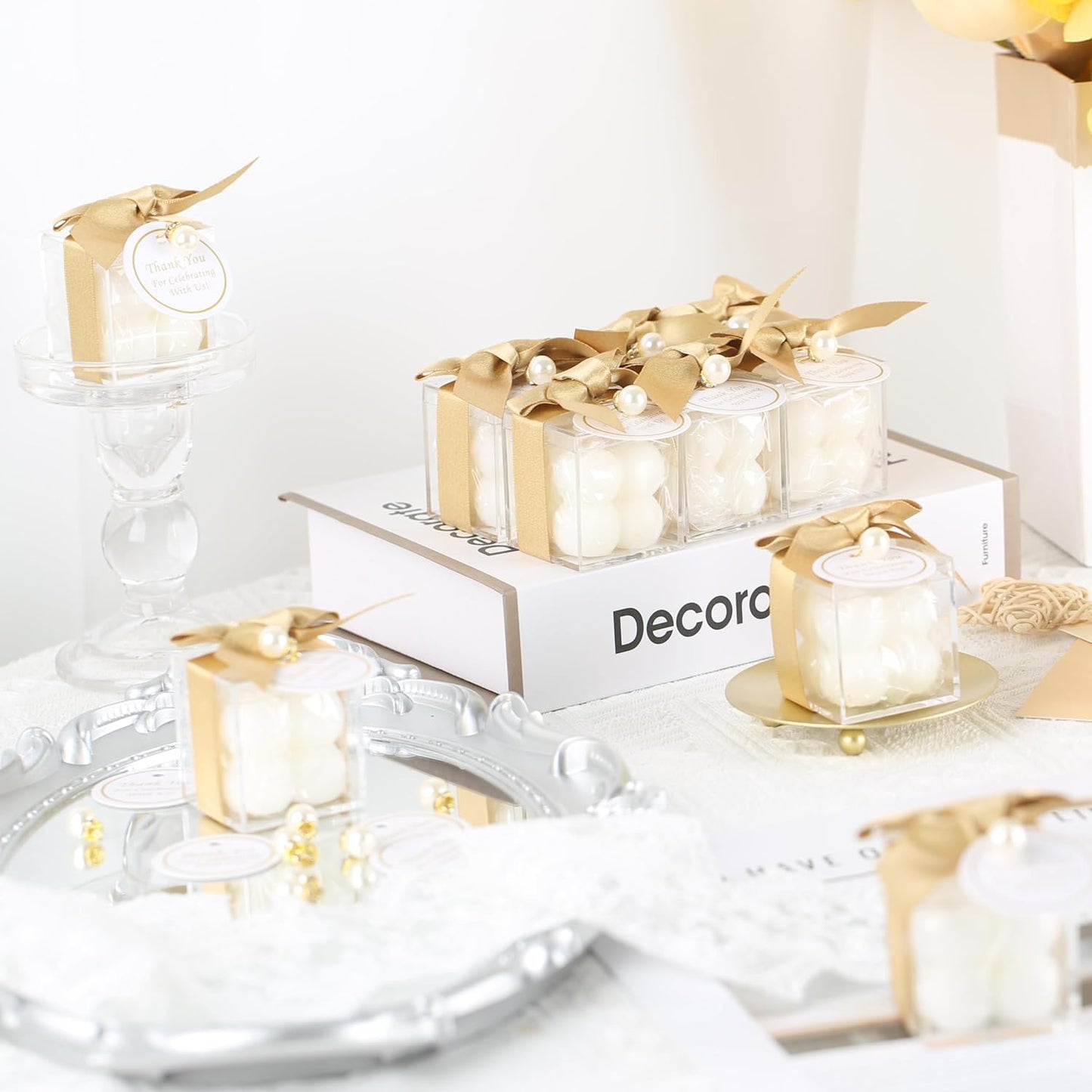 ACITHGL 30 Sets Fully Assembled Small Bubble Candle Party Favors for Guests Bulk Bridal Showers Favors Candles with Stylish Ribbons Thank You Cards Gifts (Gold)