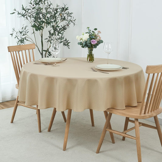 maxmill Round Weaved Texture Design Tablecloth Spill-Proof Wrinkle Free Soft Washable Table Cloth for Circular Table Cover, for Dining Room Buffet Banquet Parties Holiday Dinner, 90 Inch Natural