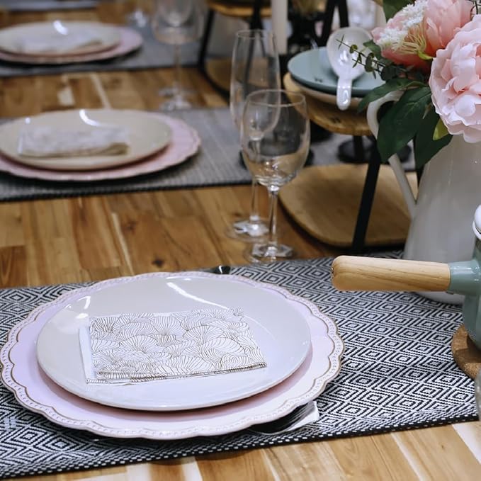 Pink Round Charger Plates,13 Inch Metallic Chargers for Dinner Plates, Gold Bead Rim Plastic Chargers For Dining, Wedding, Party, Shower. 6 Pack Decorative Holiday Tabletop Decor