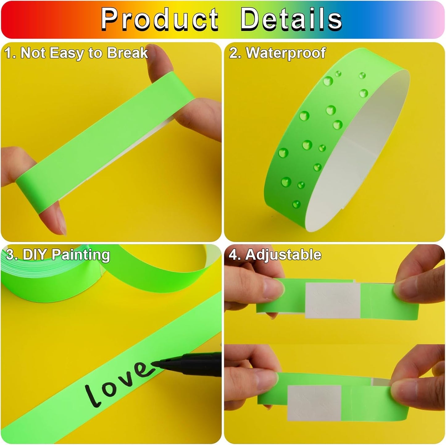 1200 Pcs Plastic Paper Wristbands for Events Neon Color Wrist Bands Concert Identification Wristbands Paper Bracelets Wristbands Party Hand Bands (Fluorescent Green)
