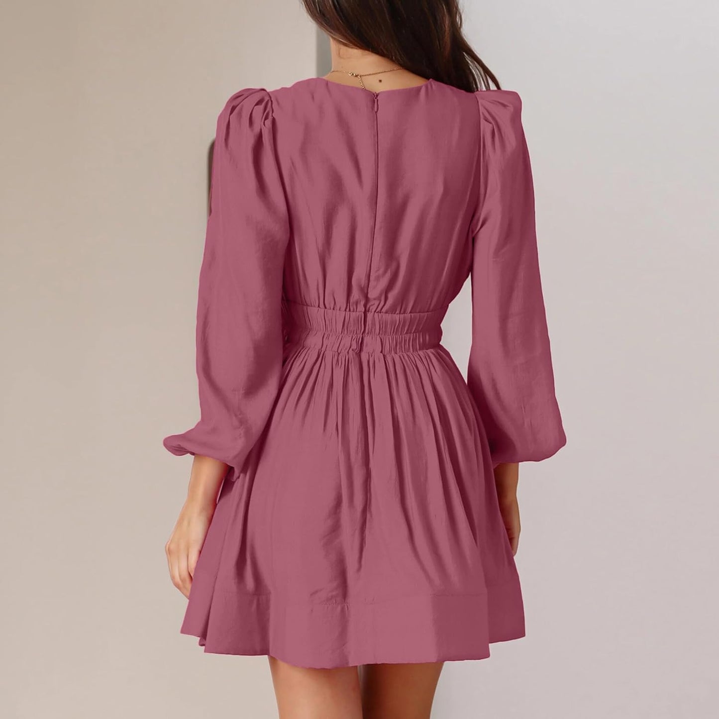 FAIABLE Mini Deep V Sexy Long Sleeve Dress for Women A-line High Waisted Casual Flowy Dress for Cocktail Wedding Guest
