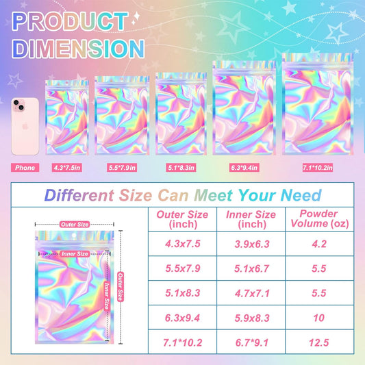 ANZNKU 100 Pack Mylar Bags Reasealable Holographic Bags, Smell Proof Bag Zipper Pouches with Clear Window, Jewelry Candy Sealable Bag for Packaging Sample Party Favor(7.1 x 10.2 Inch)