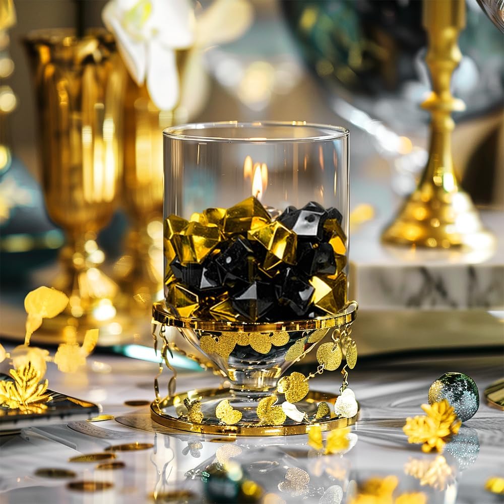 HappyFiller Party Decor Fall Christmas Decoration Fake Ice Rocks Acrylic Nuggets Gems Stones for Wedding Centerpieces Vase Fillers,Graduation Table Scatters,Home Accents,Gold Black,14 OZ
