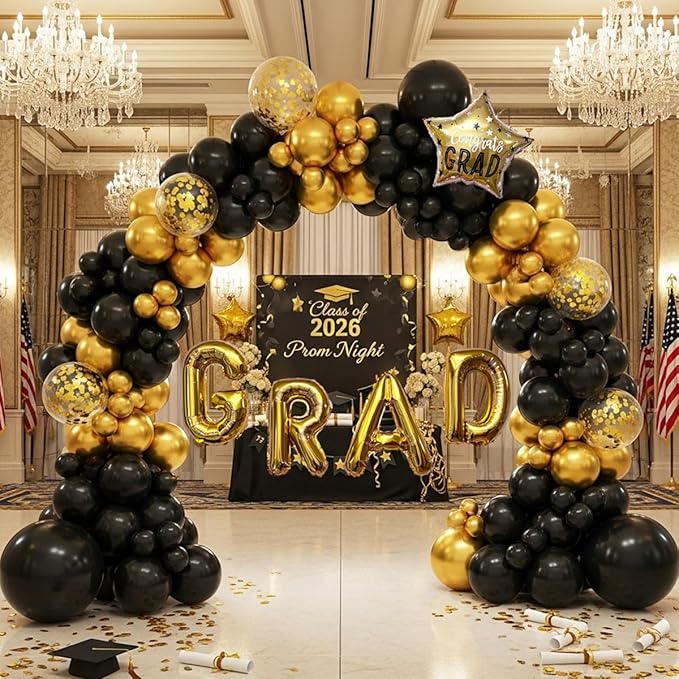 BalloonExpert 115Pcs Black Gold Graduation Balloon Arch Kit – GRAD Garland with Foil Letters & Star Balloons for Class of 2026