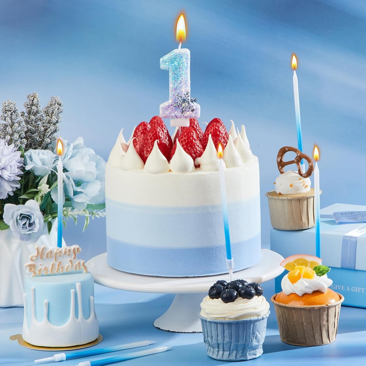 MTLEE Number 1 Birthday Candle Blue Snowflake with 6 Long Thin Cupcake Candles Blue Sparklers Glitter Number Happy Birthday Cake Topper Decorations for Winter Party Supplies