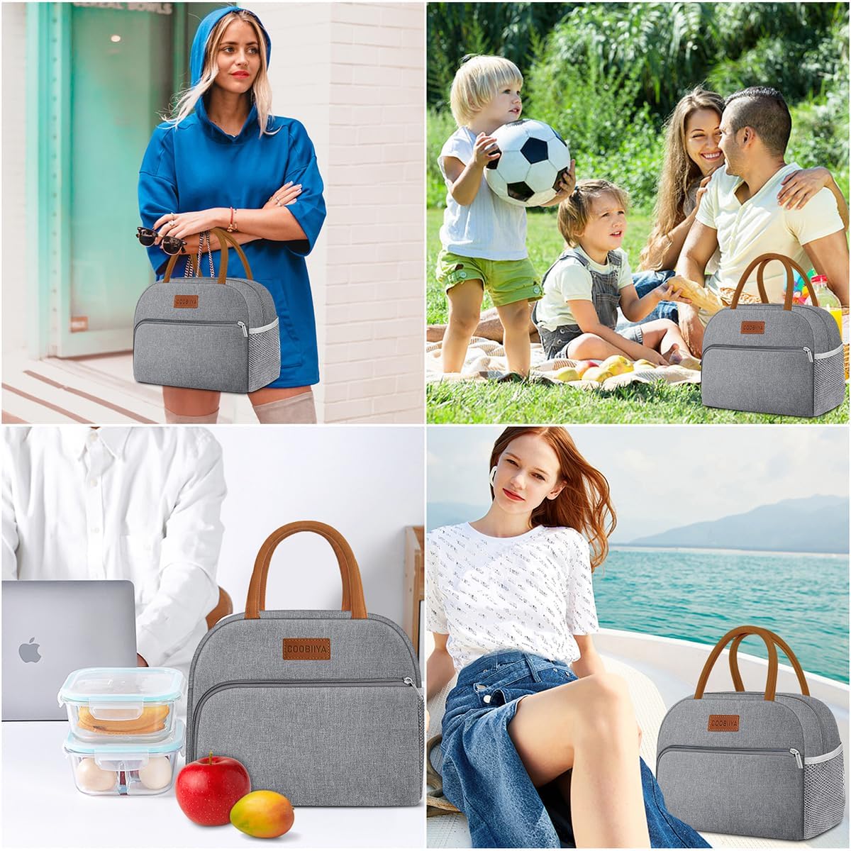 Coobiiya Lunch Bag Lunch Box for Women Men, Small Leakproof Cute Lunch Tote Large Capacity Reusable Insulated Cooler Lunch Container for Work/Office/Picnic/Beach-Grey