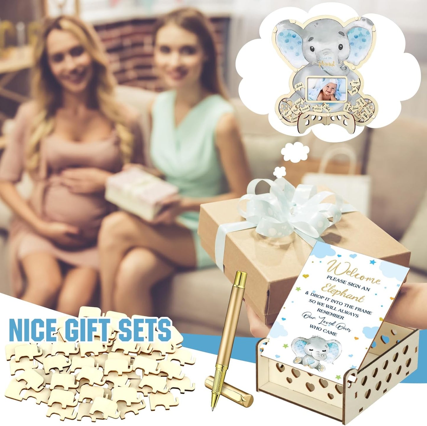 Wenqik 63 Pcs Elephant Baby Shower Guest Book Alternatives Set Baby Shower Decorations with Photo Frame Sonogram Frame Keepsake 60 Wood Slices Guest Book for Birthday