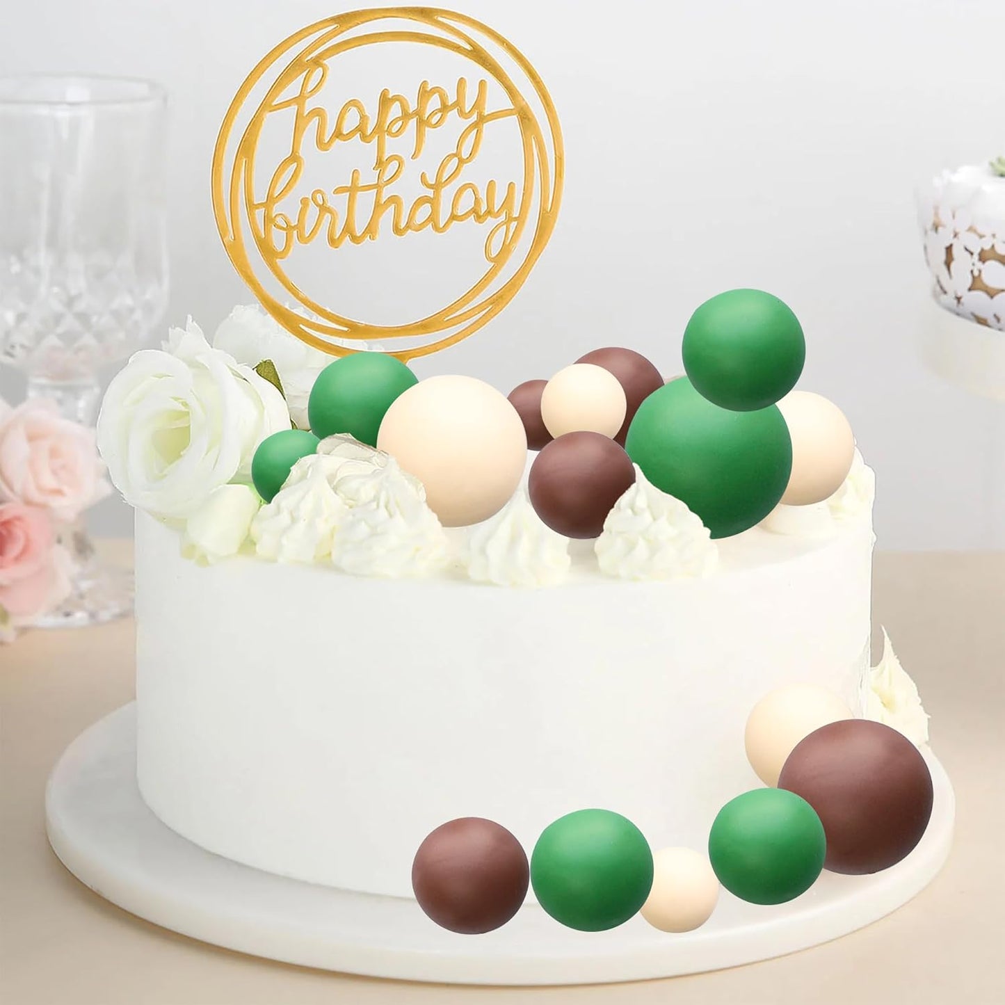 Ephlyn 30Pcs Ball Cake Topper Ball Cake Picks Colorful Pearl Ball Shaped Cupcake Insert Cake Topper for Bear Theme Birthday Party Favors Wedding Decoration Brown Khaki Green
