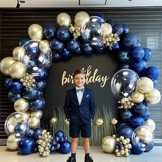 Royal Blue Gold Balloon Arch Double Stuffed Latex Bobo Pearl Gold Balloon Garland Navy Ruby Blue Balloons for Birthday Baby Shower New Year Wedding Prom Business Opening Party Decor
