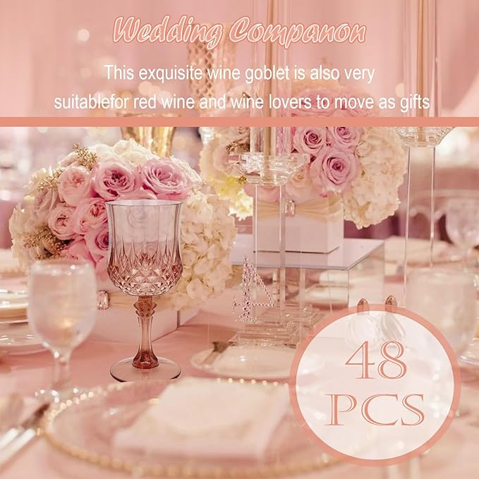 48 PCS Rose Gold Plastic Wine Glasses,Cordial Glasses,Goblets,Can be Used for Weddings, Everyday Fun Parties and More!