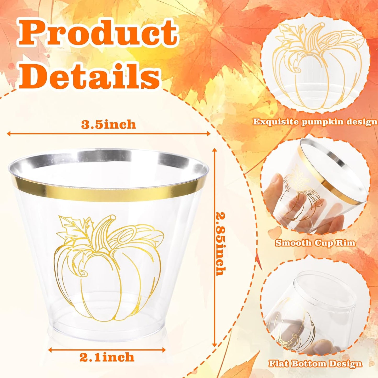 Ciaell 60 PCS Gold Plastic Cups - 9Oz Heavy Duty Plastic Cups - Thanksgiving Disposable Cup - Disposable Clear Wine Cup with Gold Pumpkin for Party & Thanksgiving