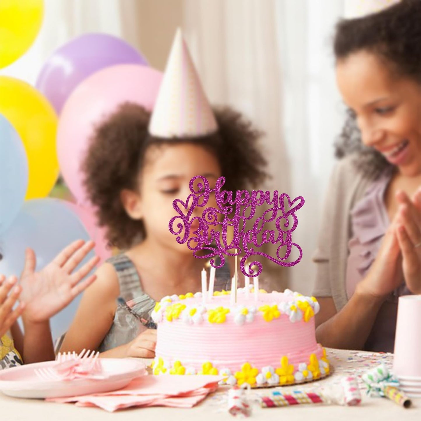 Gyufise 1Pcs Happy Birthday Cake Topper Glitter Cake Pick for Celebrating Anniversary Party Cake Decorations Supplies Purple