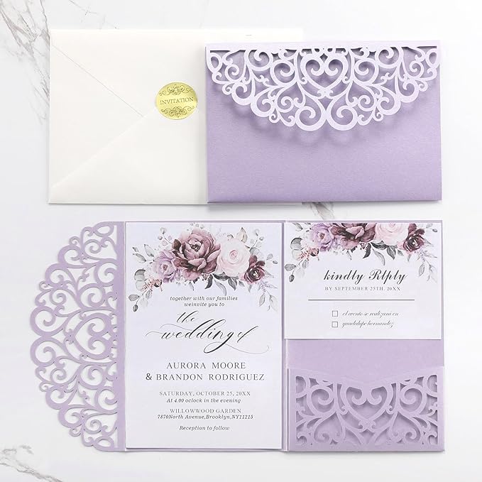Wedding Invitations with Envelopes and RSVP Cards 50PCS Purple Laser Cut Invitation with Blank Cards and Envelopes Seals RSVP for Wedding Birthday Party Girl Baby Bridal Shower