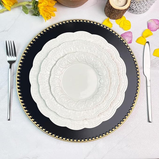 Black Charger Plates with Beaded Rim, 13" Round Charger for Dinner Plates, Set of 6 Plastic Plate Chargers for Halloween, Table Setting, Party Decoration.