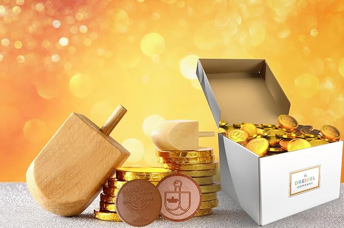 The Dreidel Company 500-Pack Original Milk Gold Hanukkah Menorah And Dreidel Design Chocolate Coins - Nut Free - Made with Premium Belgian Chocolate - Gluten Free - Non GMO - Kosher Certified