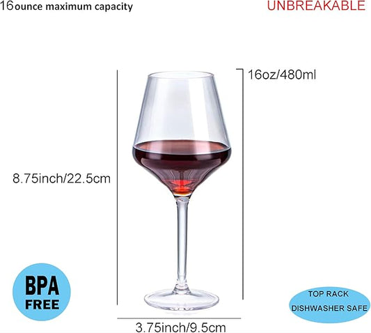 16-ounce Plastic Stem Wine Glasses, All Purpose Arcylic Glasses, set of 6 Clear Reusable Shatter-resistant Dishwasher Safe