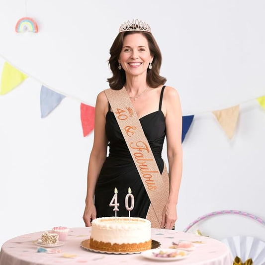 40th Birthday Decoration for Women with Rose Gold Sash, Tiara,Numbers Candles, Sincere 40th Birthday Gifts for Women