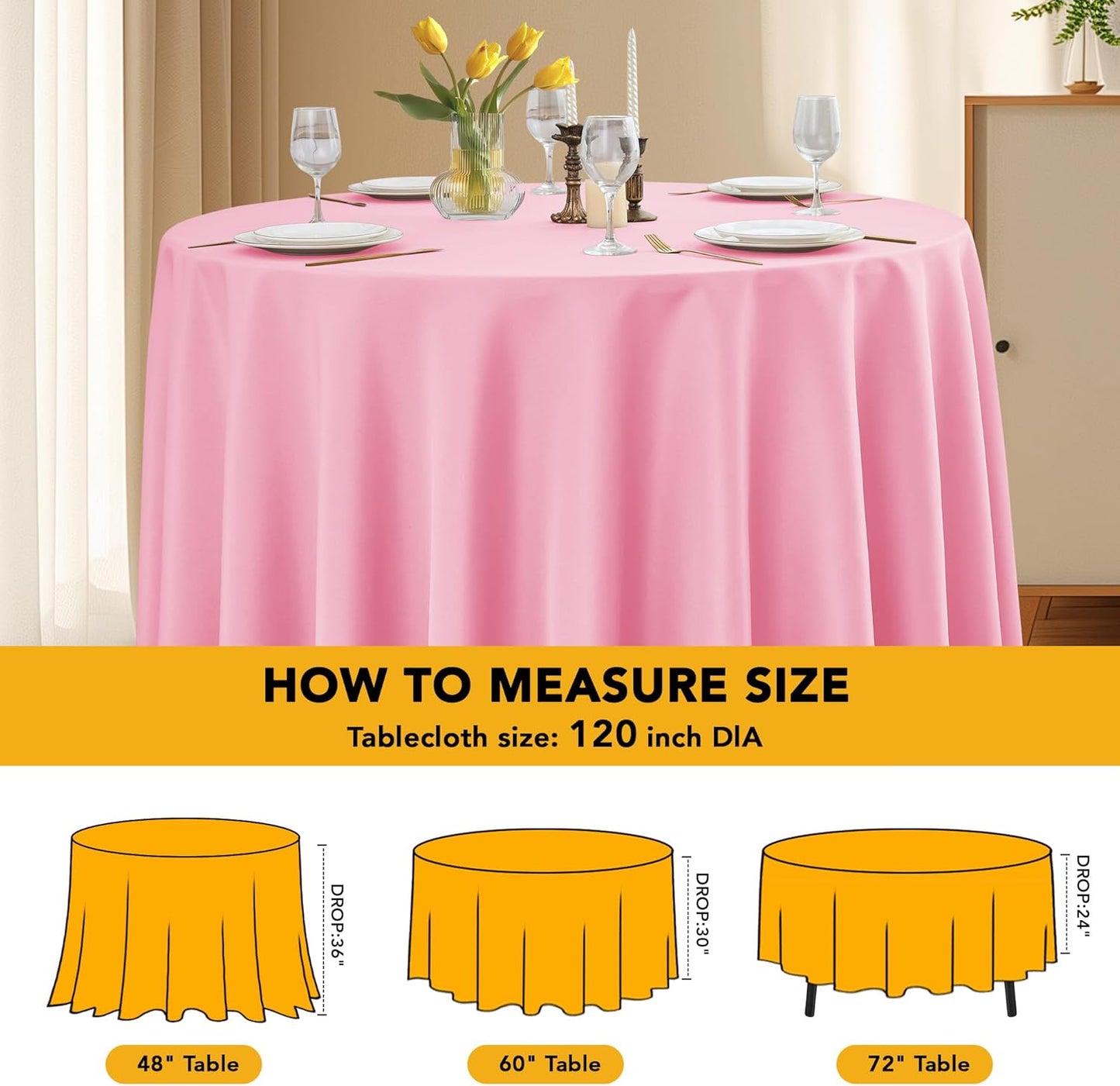 6-Pack Pink Round Tablecloths, 120 Inches, Stain-Resistant Polyester for 5-6 Ft Round Tables - Washable Table Covers for Weddings, Banquets, Birthday Parties, Events