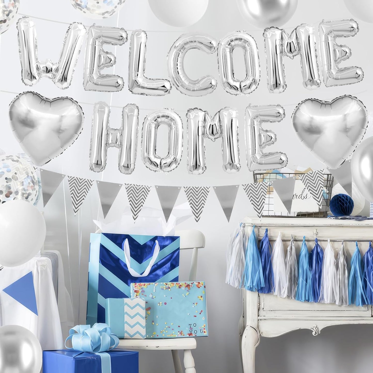Welcome Home Decorations Silver,Welcome Home Foil Balloon Banner with Confetti Balloons,Silver Heart Balloons Pennant Flag Bunting for Housewarming Baby Shower Home Family Party Supplies