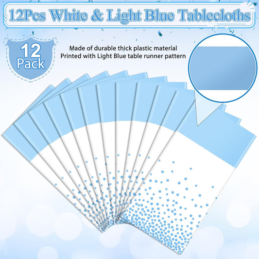 12Pcs White Light Blue Tablecloth Party Decorations,Plastic White Table Cloth Printed Baby Blue Tables Runner Disposable Rectangle Table Cover for Birthday Baby Shower Wedding Party,54 x108 Inch