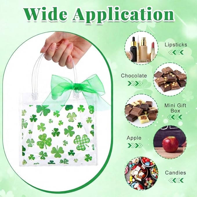 Wesnoy 24 Pcs St Patricks Day Clear Gift Bags with Handles Shamrock PVC Treat Totes with Ribbon Green Clover Gift Wrapping Bag Bulk for Irish Party Favor Supplies Holiday Gifts, 6.3 x 5.9 x 3.2 Inch