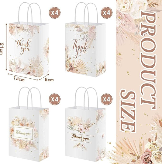 16 Pieces Thank You Gift Bags Floral Design 6 x 3 x 8 inches Flower Small Paper Bags with Handles Boho Favor Bags for Business Shopping Boutique Clothing Birthday Wedding Graduation Favors