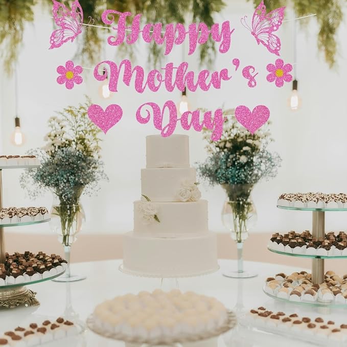 Happy Mother's Day Banner Set Decoration for Mother's Day Party Decorations Backdrop Garland for Mom Mother's Day Glitter Garland Photo Props (Pink Butterfly)