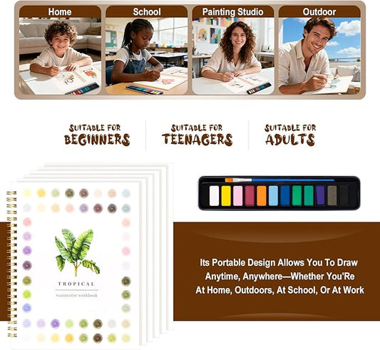 Kivzex Watercolor Workbook for Adults, Beginner Friendly Watercolor Painting Kit Tropical Water Coloring Book, Nature-Themed Practice Art Gift Water Color Paint Book with Palette and Brush