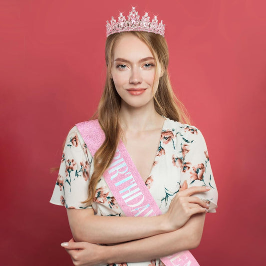 CAVETEE Pink Birthday Crown for Women, Birthday Queen Crown and Sash Pink Party Decorations for Women