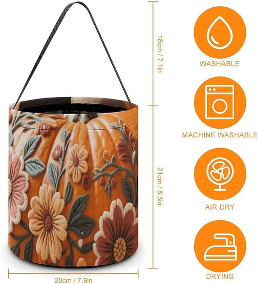 Halloween Candy Bucket - Fall Pumpkin Ethic Boho Floral Trick Or Treat Candy Bag, Gift Bag for Party Favor Supplies