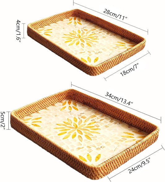 i-lan Set of 2 Rectangle Serving Trays with Mother of Pearl, 13" & 11.5" Woven Rattan Platters for Dining Entertainment, Centerpiece Displays, and Home Decor Accents
