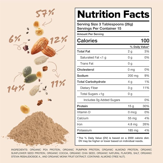 Complement Organic Chocolate Vegan Protein Powder (15 Servings) Low Carb, Low Calorie, Sugar Free, Soy Free, Non-GMO, Non Dairy - Yellow Pea, Pumpkin Seed - 15g Plant Based Protein Powder