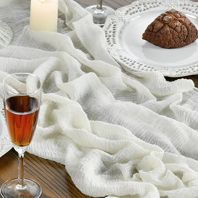 Artoid Mode Boho Milk White Gauze 6 Pieces Wedding Table Runner, 120 Inch Birthday Fabric Kitchen Dining Holiday Table Decor for Home Party Indoor