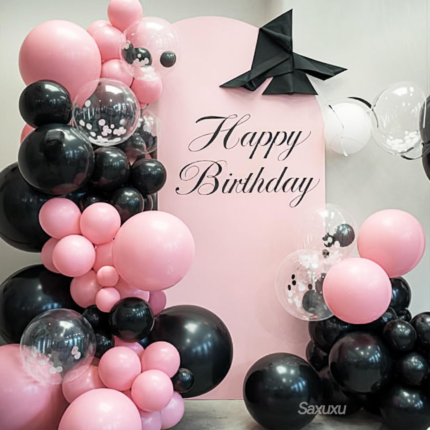 Pink and Black Balloon Arch Kit, Black Pink Balloons Garland Arch Kit, Macaron Heart Latex Balloons, Gold Silver Confetti Balloon For Girl Women Princess Birthday Mother's Day Party Wedding Decor
