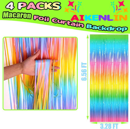 4 Pack 3.3Ft x 6.6Ft Rainbow Foil Fringe Curtain Backdrop, Colorful Metallic Tinsel Foil Fringe Streamers Curtains Background for Photo Booth, Birthday, Wedding, Halloween, Christmas Party Decoration
