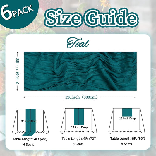 6 Pack Teal Cheesecloth Table Runner 10ft Boho Gauze Fabric Cheese Cloth Table Runner 35 x 120 Inch Rustic Sheer Runner for Romantic Wedding Decor Baby Shower Party Table Centerpiece Decoration